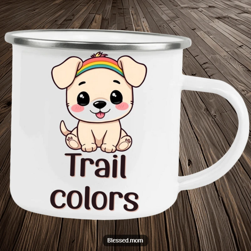 Funny Puppy Rainbow Camping Mug: Happy puppy balances a small rainbow on its head, perfect for outdoor adventures. A durable and funny gift.
