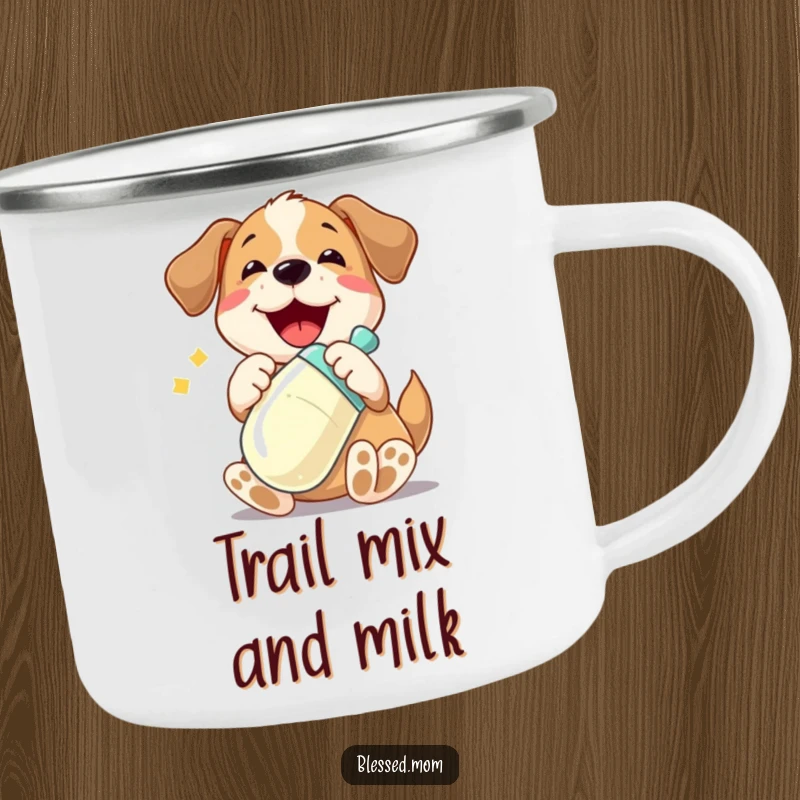 Funny camping mug with a playful dog character joyfully cradling a shiny baby bottle, durable and humorous outdoor drinkware.