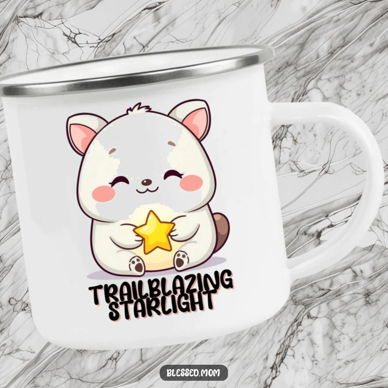 Funny Camping Mug featuring a serene happy animal holding a glowing star, ideal for outdoor adventures and warm drinks.