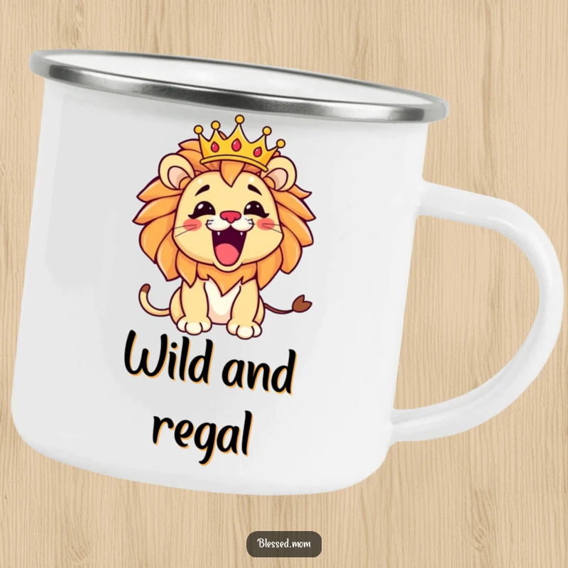 Funny Kawaii Lion Mom Camping Mug: Playful lion mom roaring with a tilted crown, perfect for outdoor adventures and regal enjoyment.
