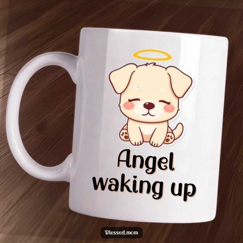 Funny Dog Halo Mug: A kawaii dog with a halo looks serenely peaceful, radiating calm. A peaceful and funny gift.