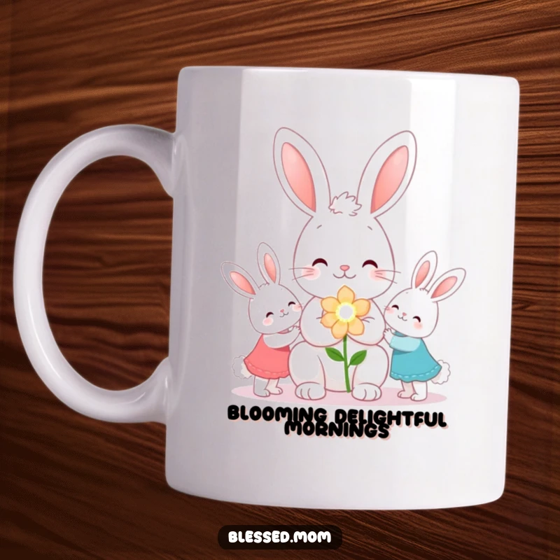 Funny kawaii bunny mom presenting a sparkling flower to each child on a ceramic mug, a loving gift.