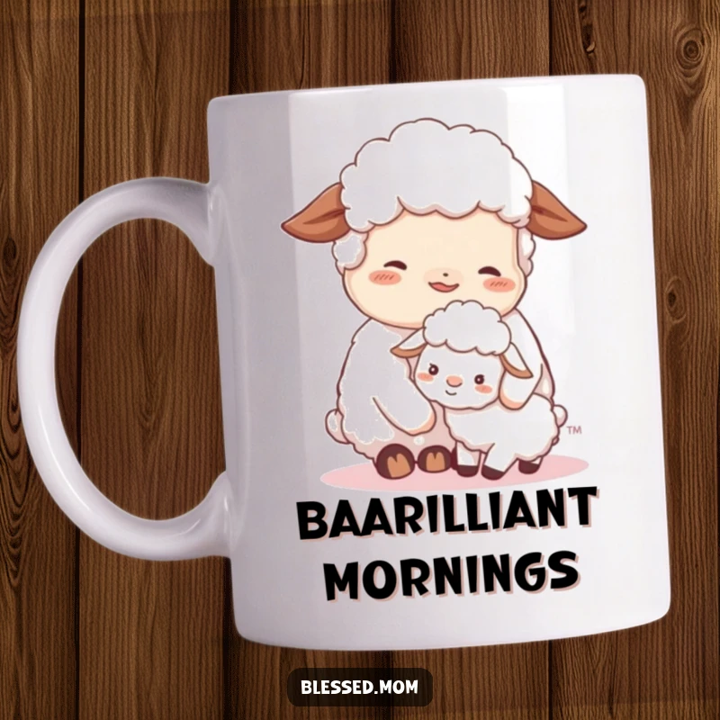 Contented sheep mom gently nuzzling her fluffy lamb, creating a serene and loving image on a cozy mug.