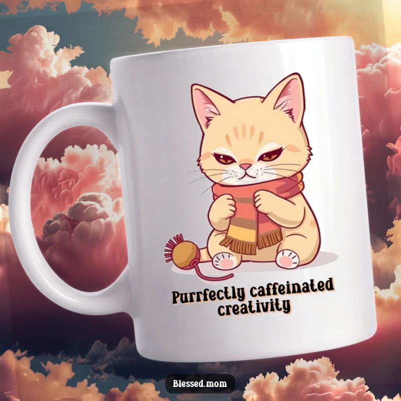 Funny cat knitting a colorful scarf with a determined expression, ideal for any crafty feline enthusiast.