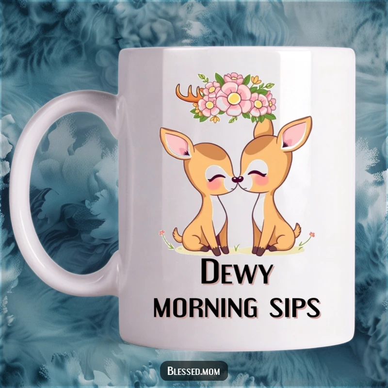 Kawaii deer mom gazing lovingly at a delicate flower crown, depicted on a cute mug, radiating peaceful maternal affection.