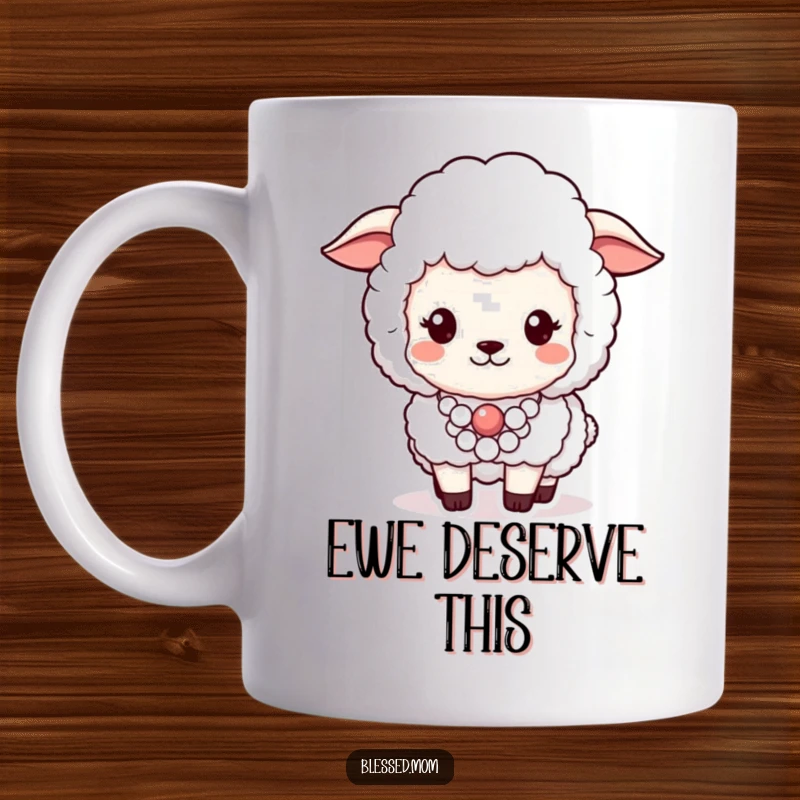 Funny mug featuring a fluffy sheep proudly wearing a lustrous pearl necklace, exuding an air of chic pride.