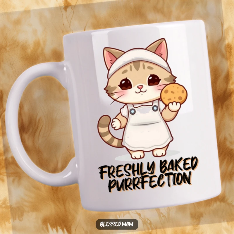 Funny kawaii cat mom mug, a cozy cat mom in an apron offering a warm cookie, perfect for bakers and cat lovers.