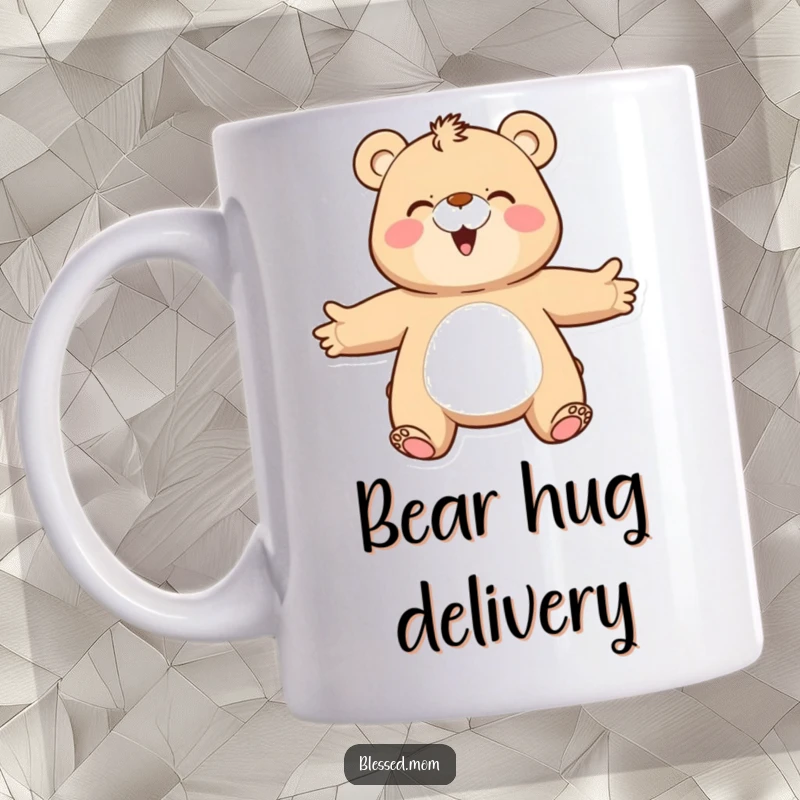 Funny bear mom mug, a happy mama bear with outstretched arms ready for a warm hug, symbolizing love and comfort.
