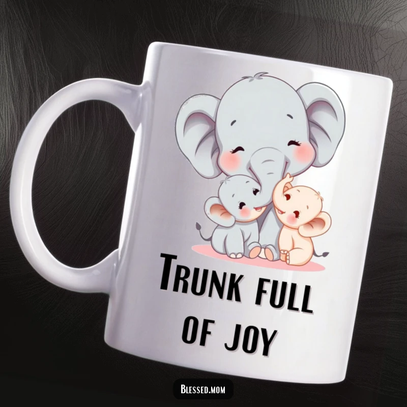 Funny elephant mom lovingly tickling her baby with her trunk, showcasing pure joy and a playful mother-child bond on a mug.