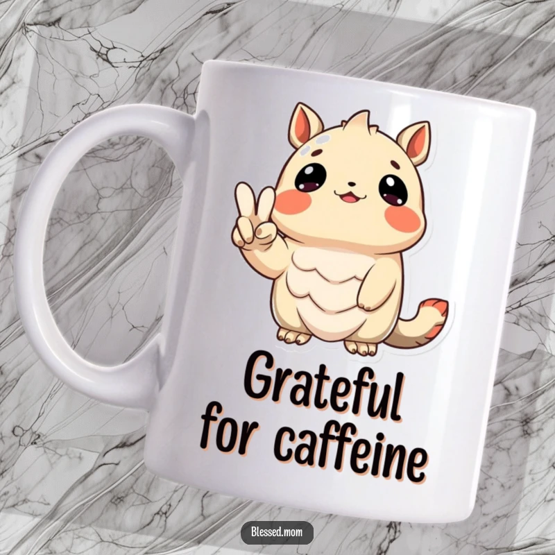 Funny Mug with a creature looking up gratefully, holding a peace sign, promoting positivity and humor as a gift.