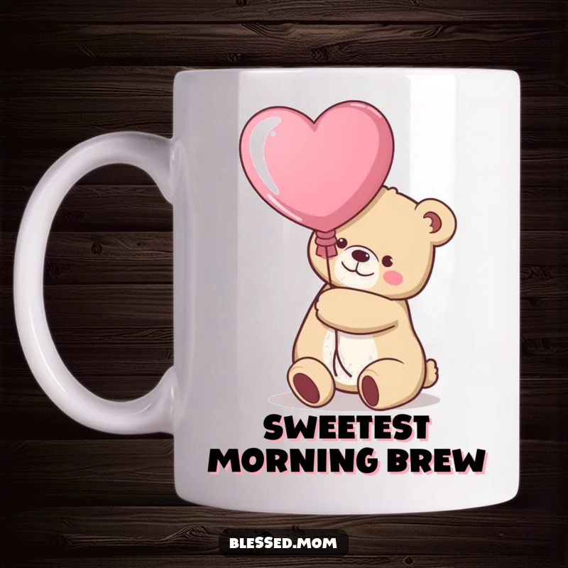 Funny kawaii bear mom hugging a large balloon with a heart on a ceramic mug, a loving gift.