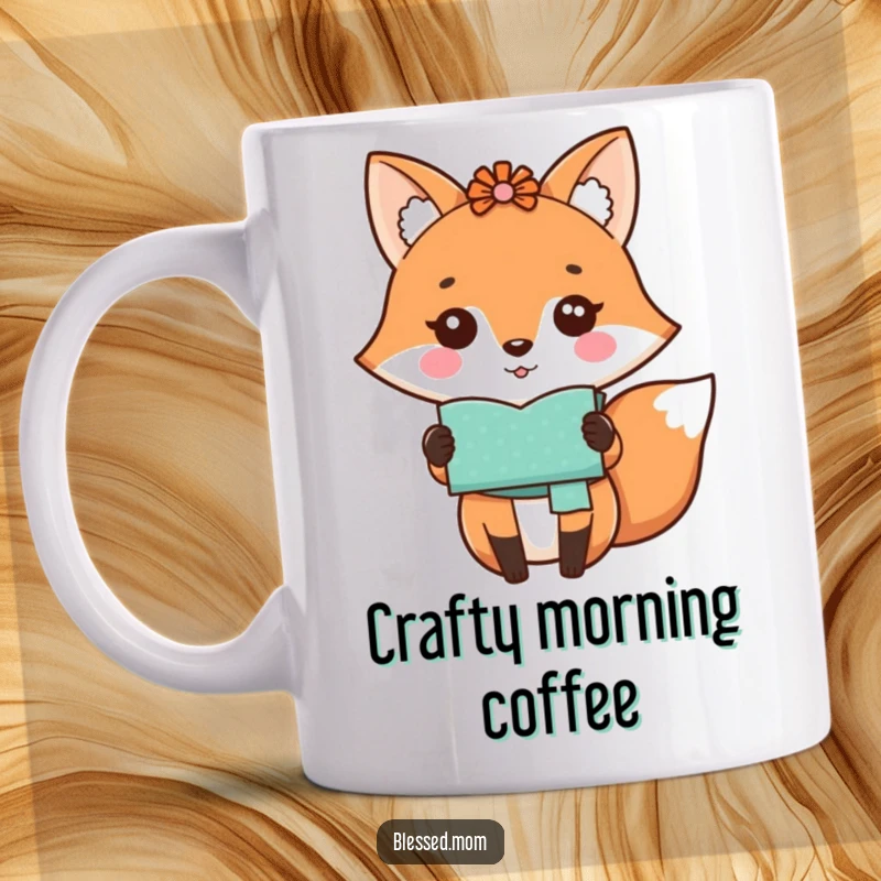 Funny kawaii fox mom proudly showing off a handmade craft on a ceramic mug, a creative gift.