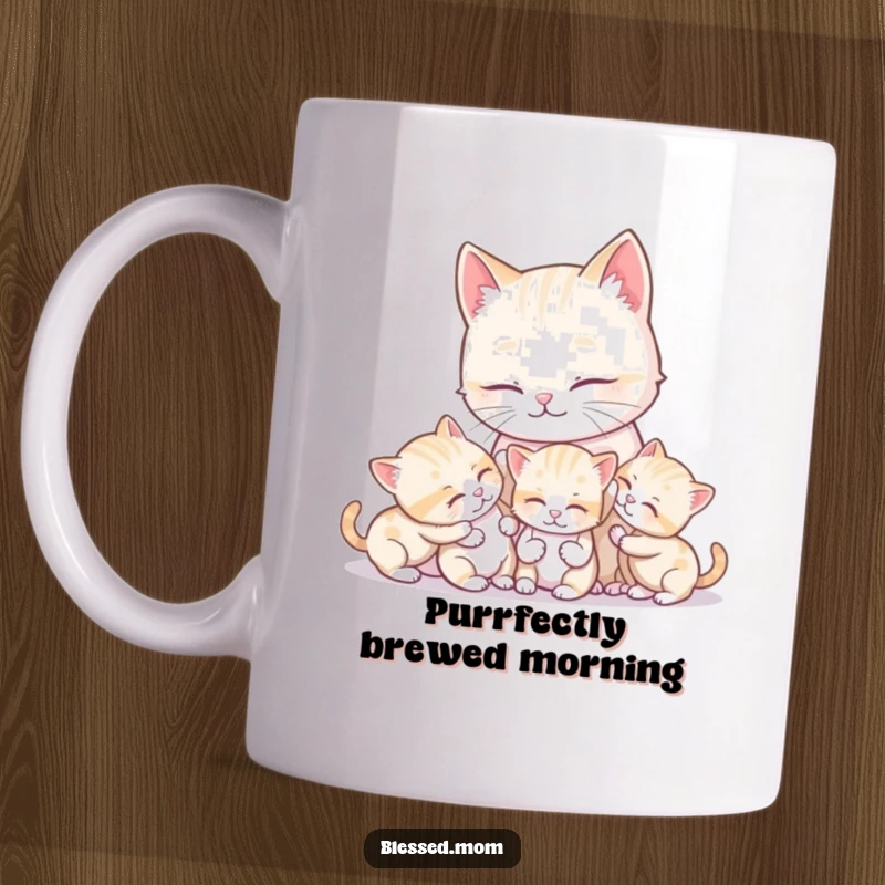 Funny kawaii mother cat gently grooms her energetic kittens, showcasing a tender and loving family moment, perfect for cat lovers.