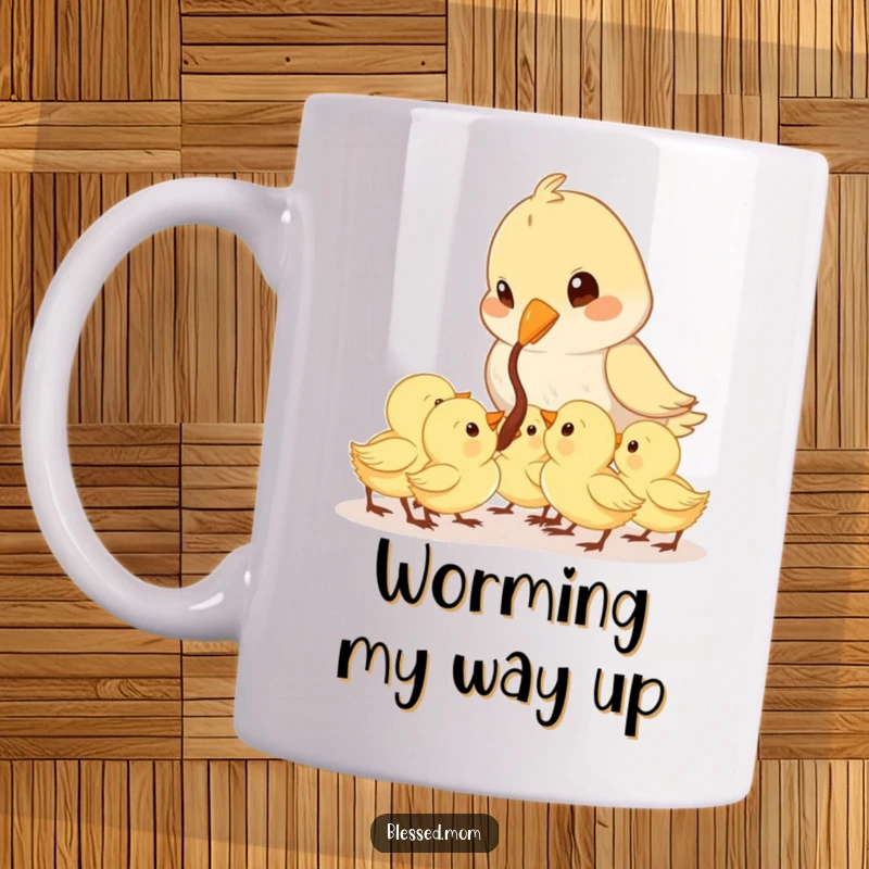 Funny Mama Bird mug shows a cute bird feeding a worm to her eager chicks, symbolizing nurturing and care.
