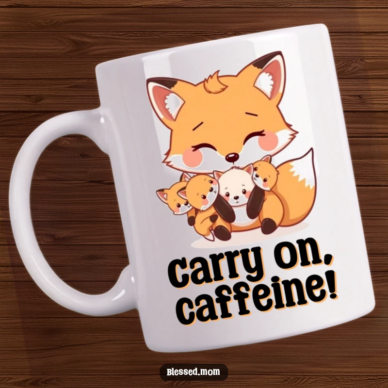 Funny Mama Fox mug shows a cute fox carrying several playful kits in her mouth, symbolizing care and fun.