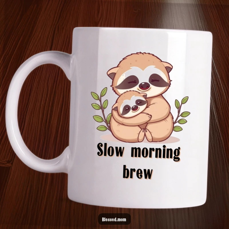 Funny Mama Sloth mug shows a cute mama sloth slowly hugging her baby, symbolizing deep affection and tenderness.
