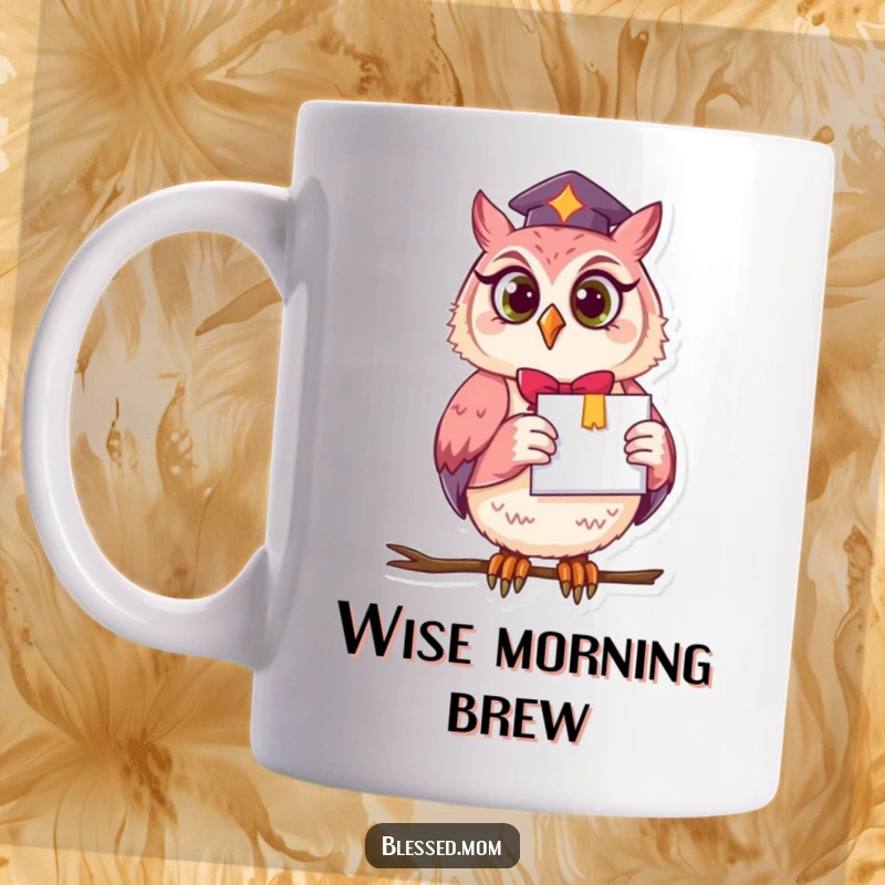 Funny owl mom perched intelligently with a diploma in her talon, celebrating graduation with a wise and humorous expression.