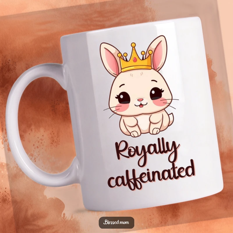 Funny rabbit mug featuring a content rabbit wearing a small, golden crown, looking distinguished and happy.