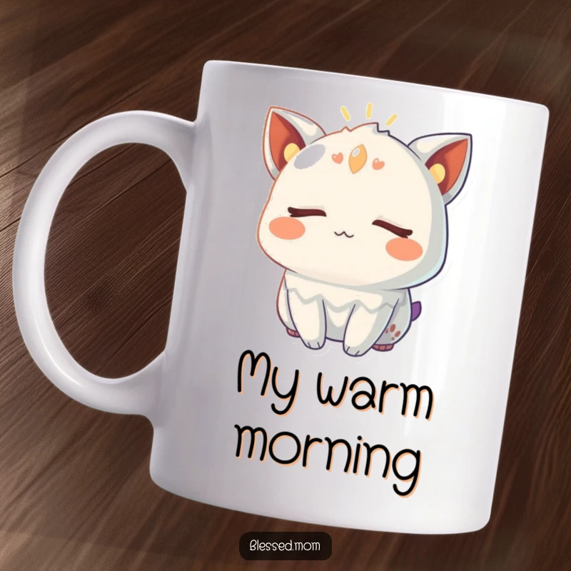 Funny Mug with a creature's eyes closed, radiating a warm, gentle glow, promoting peace and relaxation as a gift.
