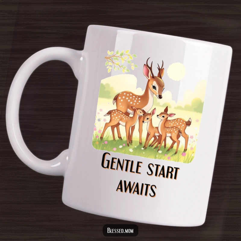 Funny Mug: A graceful deer mom nuzzling her adorable fawns in a peaceful, sun-dappled meadow.