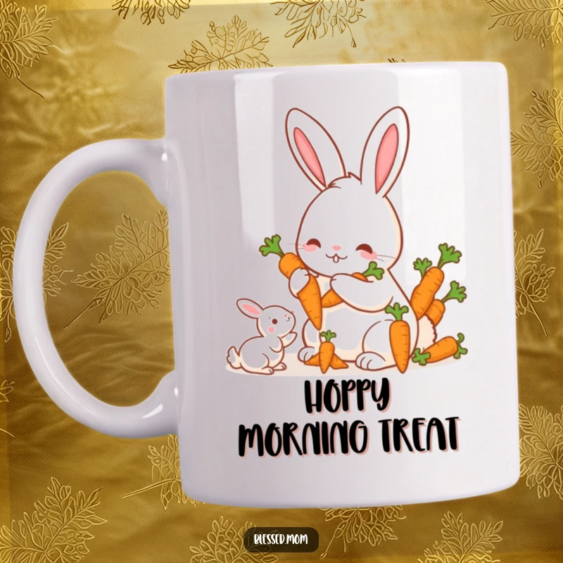 Funny Mama Rabbit Carrots Mug, a cute mother rabbit offering a bunch of carrots to her offspring, heartwarming bunny art, perfect gift.