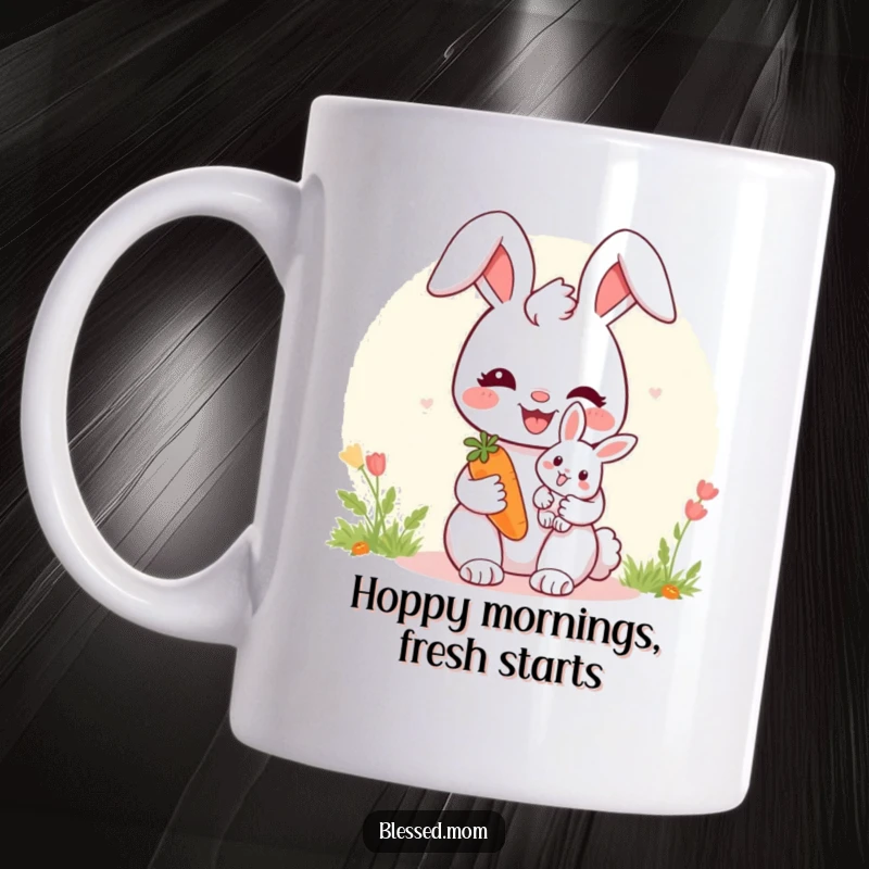 Cheerful bunny mom holding a baby bunny and offering a carrot, symbolizing nurturing care and sweetness.