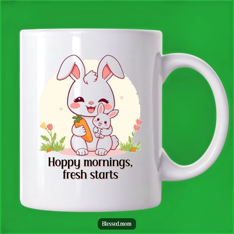 Celebrate motherhood with this cheerful bunny mom mug! Features a sweet bunny holding her baby and a carrot.