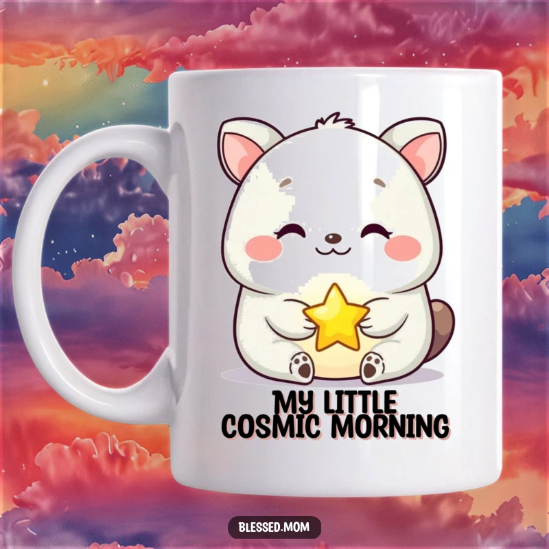 Funny Mug featuring a happy, serene animal gently holding a tiny, glowing star with a peaceful expression, perfect for gift-giving.