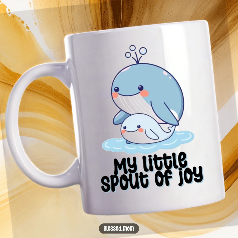 Funny kawaii mother whale spouting water joyfully over her happy calf, celebrating family love, perfect gift for mom.