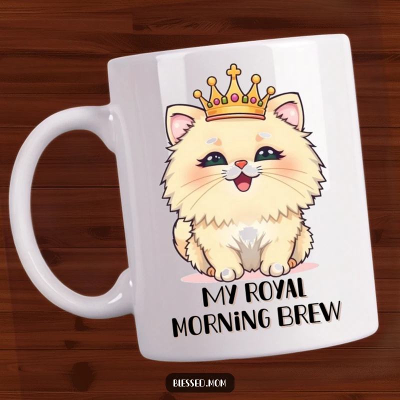 Funny mug with a fluffy cat wearing a tiny crown, beaming with pride and looking regal, perfect gift for cat lovers.