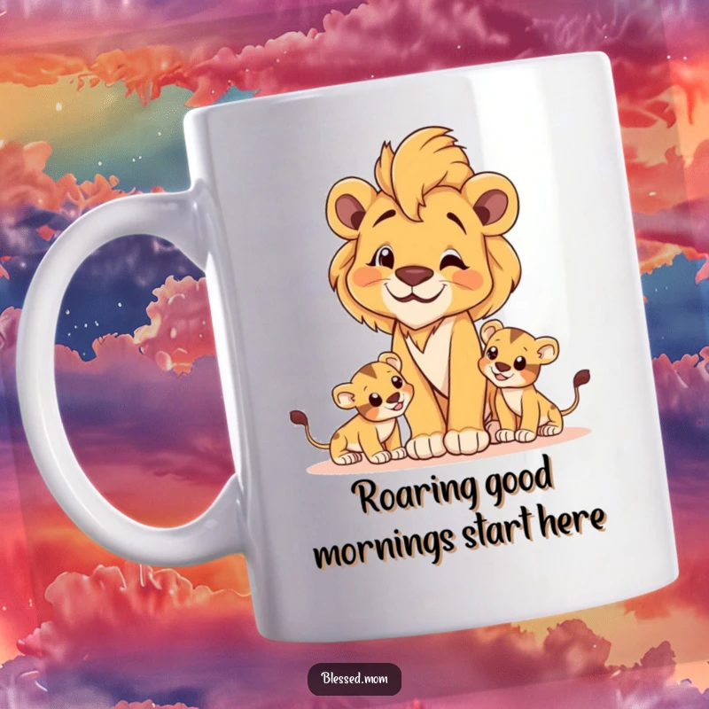 Proud lioness watching her cubs play, symbolizing fierce maternal protection and regal strength.