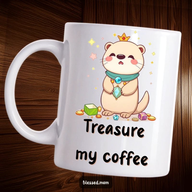 Funny Kawaii Otter Mom Mug: Adorable otter mom balancing shiny treasures, radiating joy and appreciation for shiny things, a great gift.