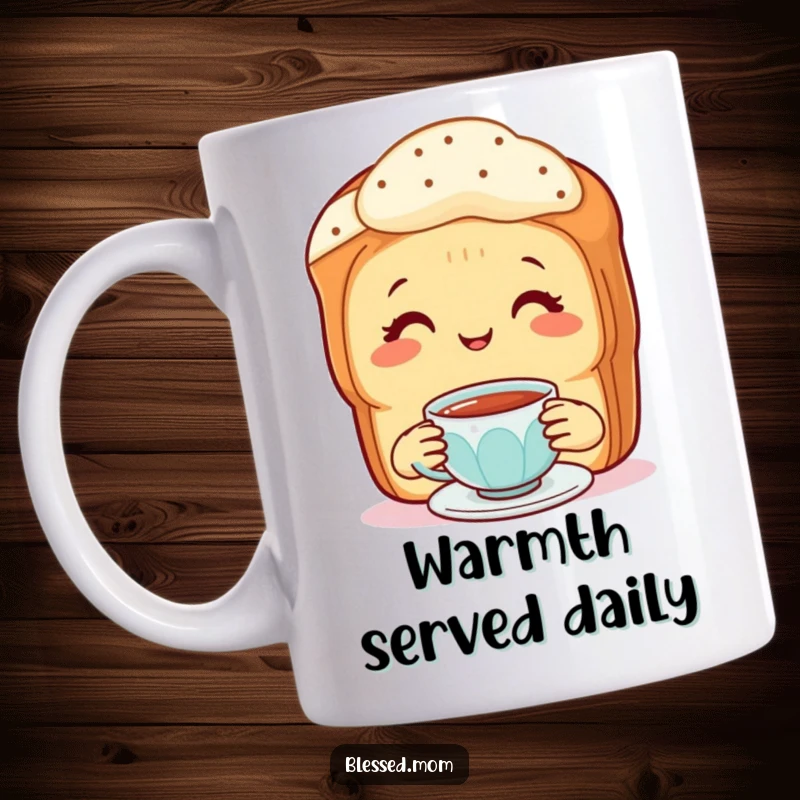 Funny Mug: A smiling mother scone offers a tiny cup of tea, exuding warmth and kindness.