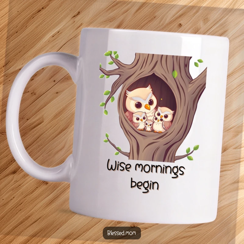 Funny Mug: A wise owl mom hooting softly to her sleepy owlets in a warm tree hollow.