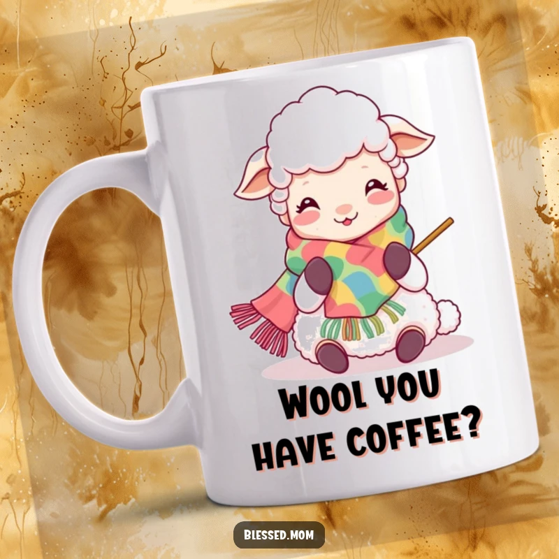 Funny Kawaii Sheep Mom Mug: Joyfully knitting a vibrant scarf, radiating happiness and crafting cheer, a perfect gift for knitters.