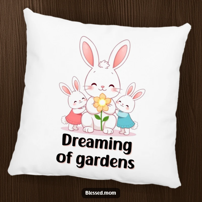Funny kawaii bunny mom giving flowers to her children on a plush pillow, a comforting gift.