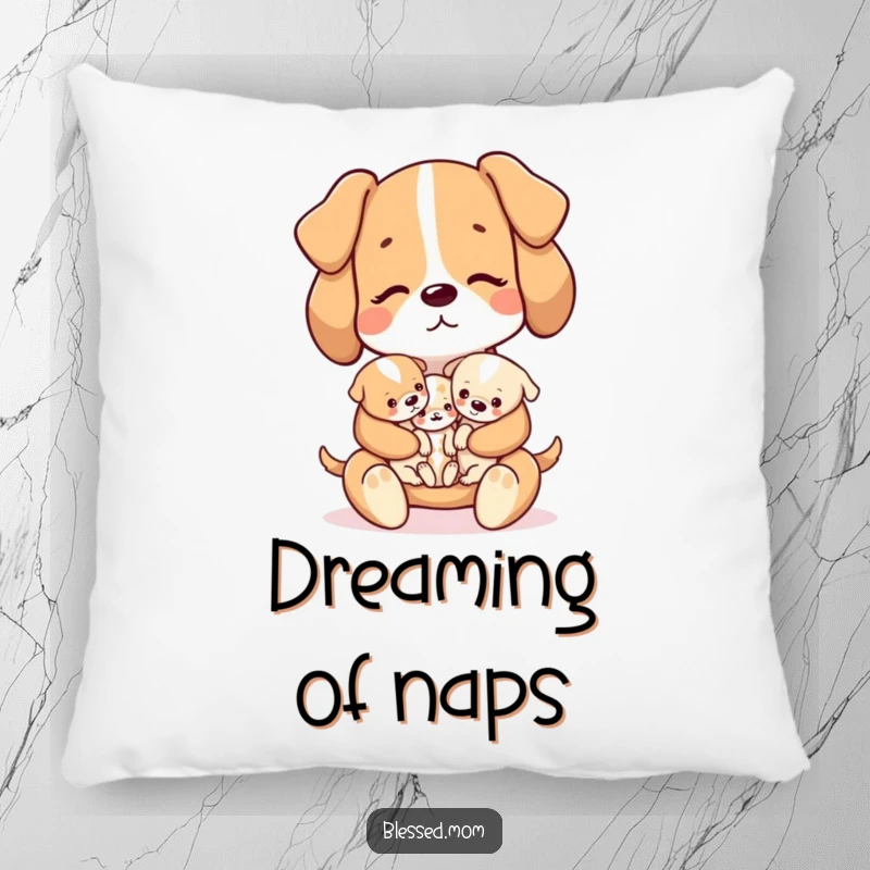 Funny kawaii dog mom tenderly holding a litter of puppies on a plush pillow, a comforting gift.