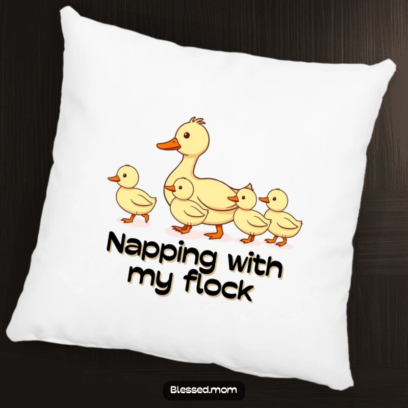 Funny mom duck pillow, depicting a mother duck leading her ducklings in a perfectly straight line, perfect for adding comfort and a touch of maternal order.