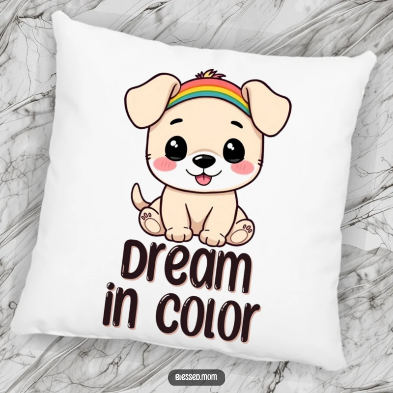 Funny Puppy Rainbow Pillow: Happy puppy balances a small rainbow on its head, offering comfort and cheer. A soft and funny decorative item.