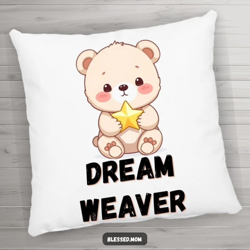 Funny Bear Cub Pillow: Cute cub rests on a pillow, holding a tiny, shimmering star. A soft and funny decorative gift.