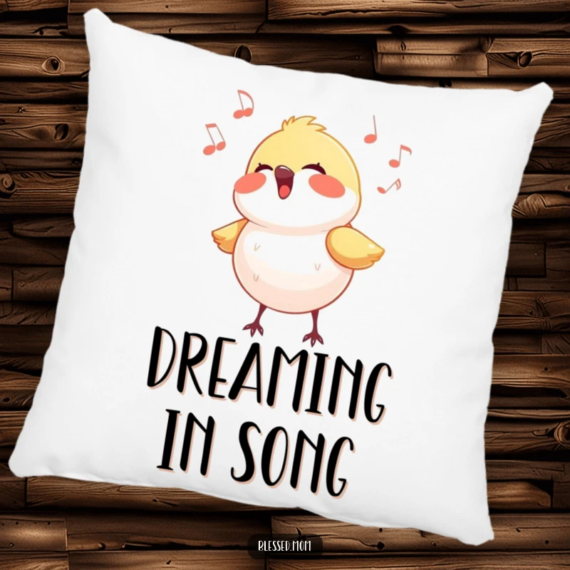 Funny bird pillow featuring a small bird singing a happy melody, surrounded by soft light, perfect for cozy comfort.