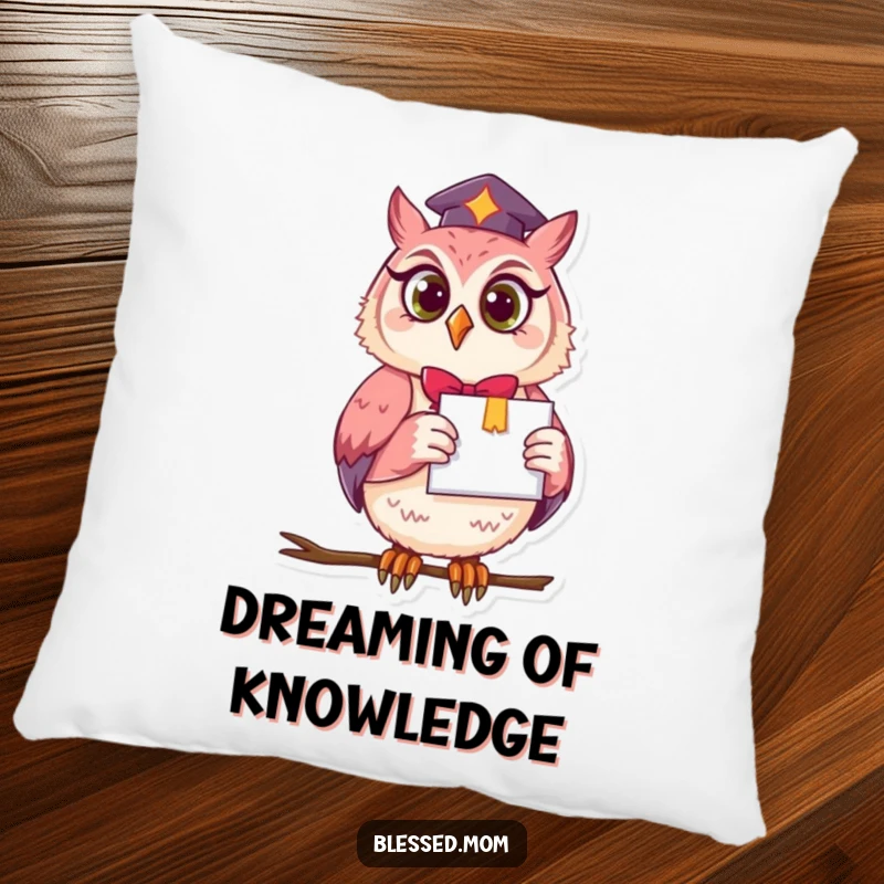 A soft pillow featuring a funny owl mom holding a diploma, bringing wise comfort and humorous graduation vibes to any room.