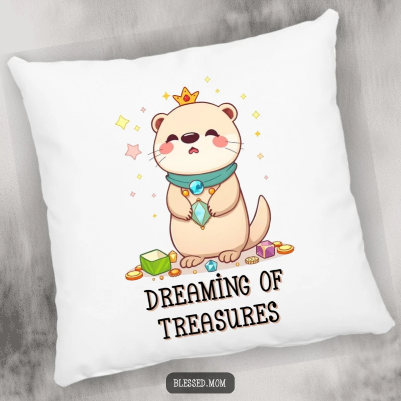 Funny Kawaii Otter Mom Pillow: Cute otter mom balancing shiny treasures, perfect for adding cozy comfort and playful humor to home decor.