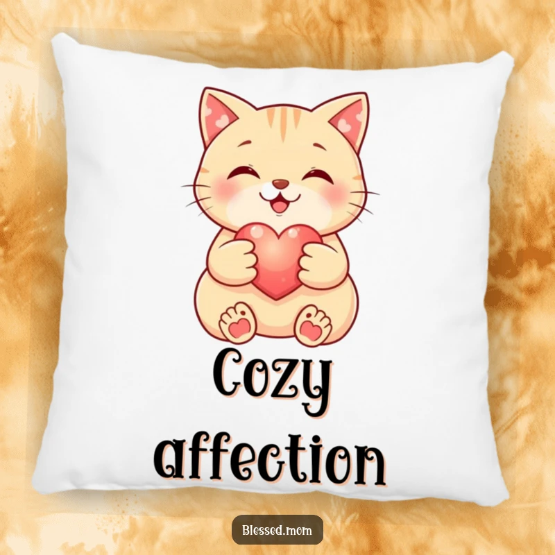 Funny Cat Pillow: Smiling cat cradles a small, glowing heart, offering comfort and love. A soft and funny decorative item.