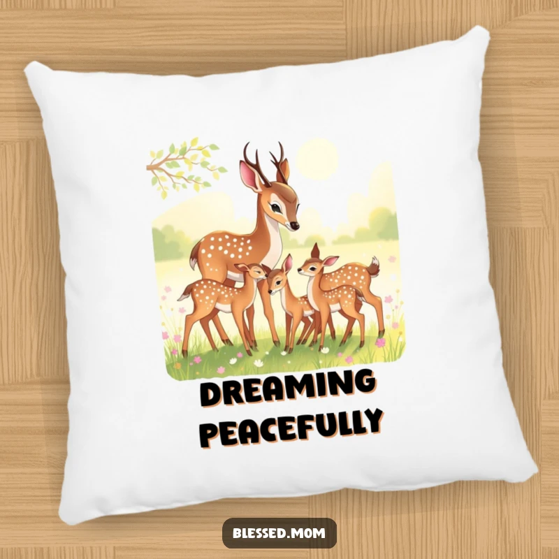 Funny Pillow: Deer mom tenderly nuzzling her fawns in a peaceful, sunlit meadow.