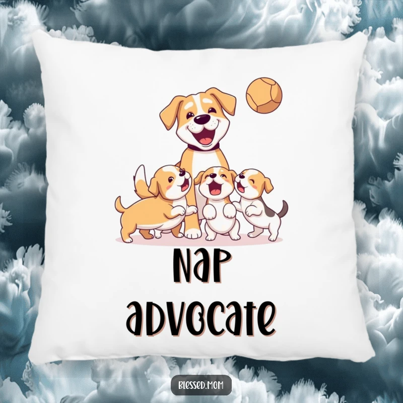 Funny Pillow: A dog mom happily plays fetch with her energetic pack of adorable puppies.