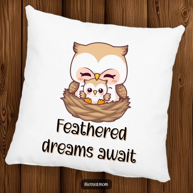 Funny pillow with a mother owl gently tucking her baby owl into a nest, representing comfort and nurturing.