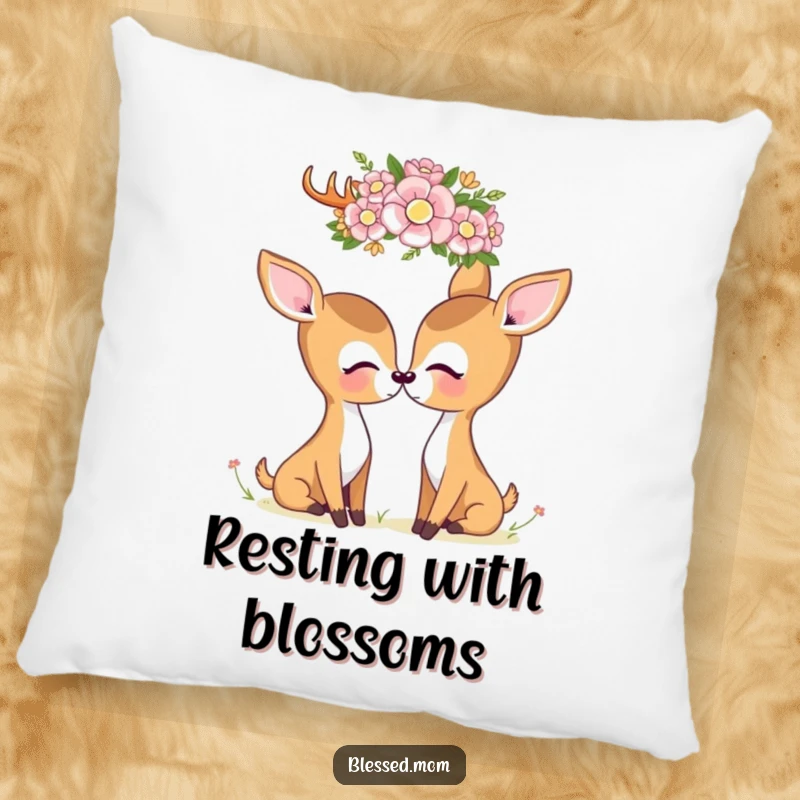 A soft pillow featuring a kawaii deer mom gazing at a flower crown, bringing a touch of sweet, natural peace indoors.
