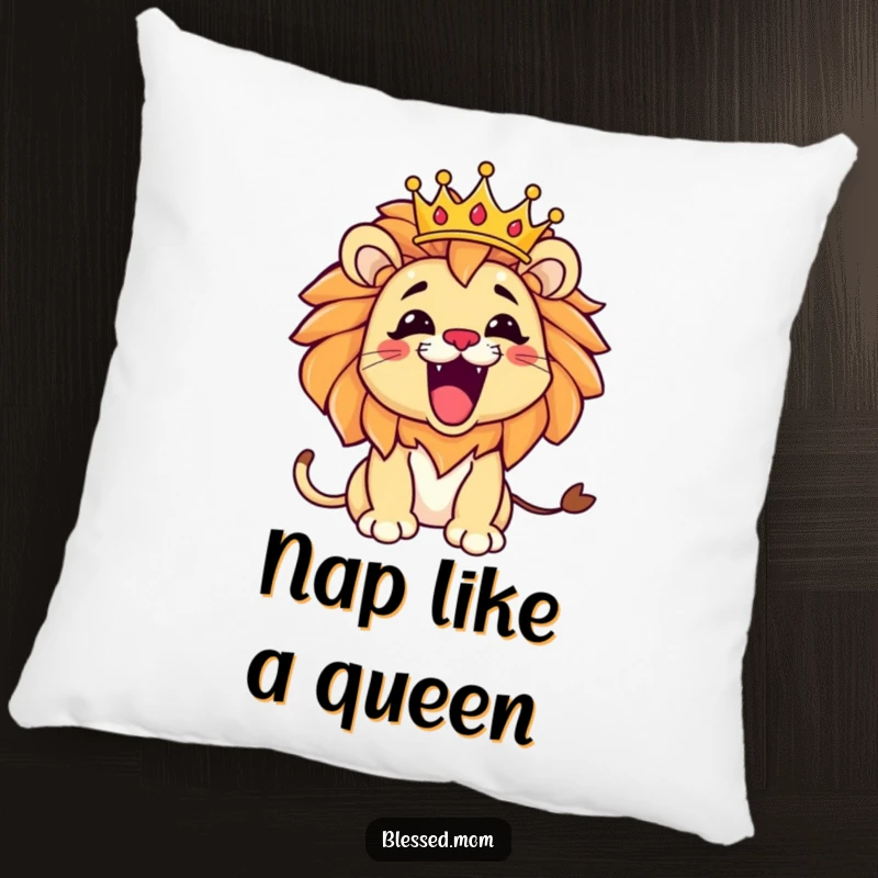 Funny Kawaii Lion Mom Pillow: Playful lion mom roaring with a tilted crown, perfect for adding cozy comfort and humor to home decor.
