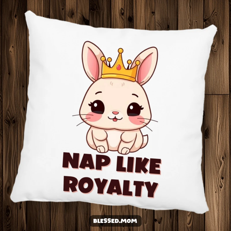 Funny rabbit pillow featuring a content rabbit wearing a small crown, offering comfort and a touch of majesty.
